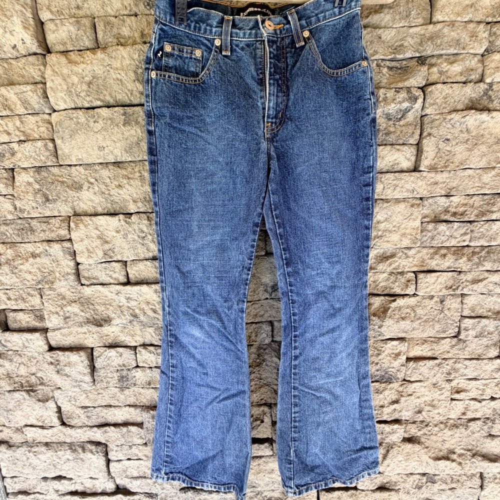 VTG Express Extreme Flare Jeans Women Size 3/4 S Blue Denim Y2K Western Indie